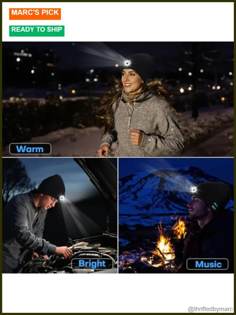 Bluetooth Beanie with LED Light, USB-C Rechargeable, Stereo Speakers & Mic,